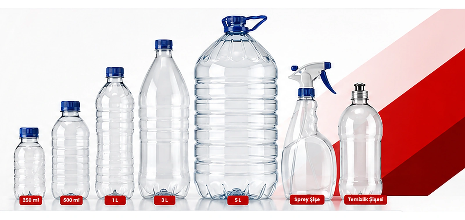 250 ml, 500 ml, 1 litre, 3 litre, 5 litre ve temizlik tipi PET şişeler